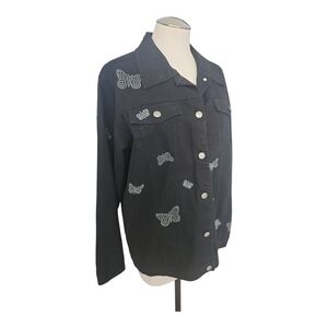 Quaker Factory Butterfly Black Denim Studded Jacket Silver Buttons Bling Small
